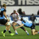 Zekhethelo Siyaya of Sharks is challenged by Le Roux Malan of Cardiff Rugby during the United Rugby Championship match between Cardiff Rugby and Hollywoodbets Sharks at Cardiff Arms Park on October 23, 2026 in Cardiff, Wales. (Photo by Kian Abdullah/Gallo Images)