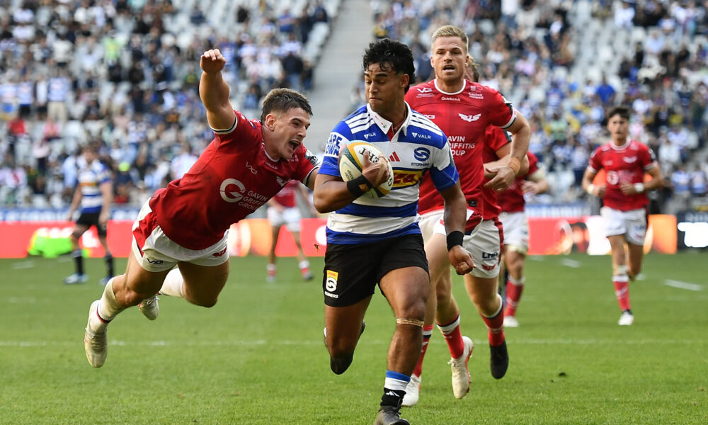 Yaqeen Ahmed of the Stormers scores a try during the United Rugby Championship match between DHL Stormers and Llanelli Scarlets at DHL Stadium on October 24, 2026 in Cape Town, South Africa. (Photo by Ashley Vlotman/Gallo Images)