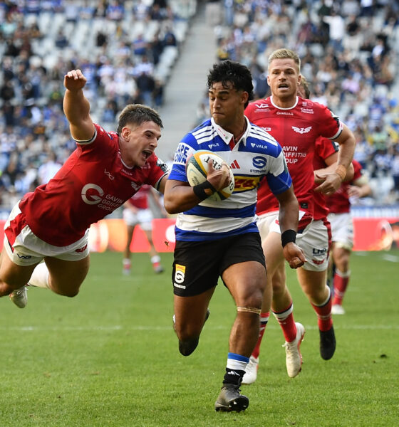 Yaqeen Ahmed of the Stormers scores a try during the United Rugby Championship match between DHL Stormers and Llanelli Scarlets at DHL Stadium on October 24, 2026 in Cape Town, South Africa. (Photo by Ashley Vlotman/Gallo Images)